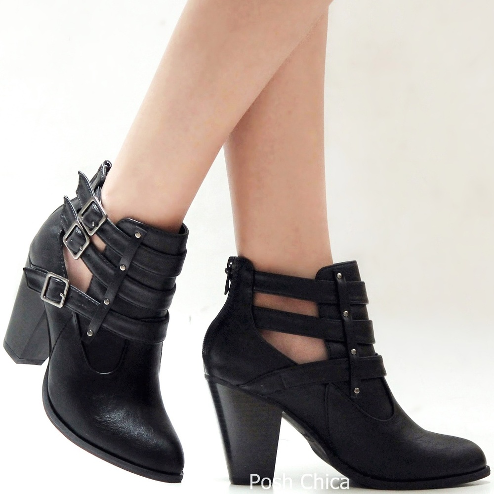 New Black Western Ankle Booties Block Heel Boots - Picture 1 of 4
